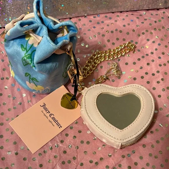 Juicy Couture Blue Gleam Drawstring Mini Bag with Heart Mirror Charm Pouch NWT - Picture 9 of 10